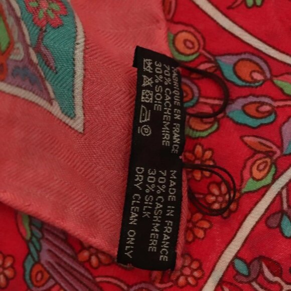 HERMES Carre 140 Scarf ""des Oiseaux Fleurs"" Cashmere Red Auth 133742 - Picture 10 of 10